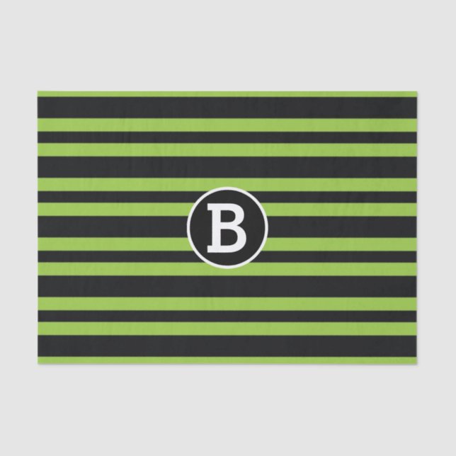 Black & Green Stripes Monogram Letter Initial Tissue Paper (Front)