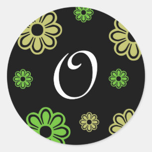 Black Green Tan Floral Letter O Classic Round Sticker