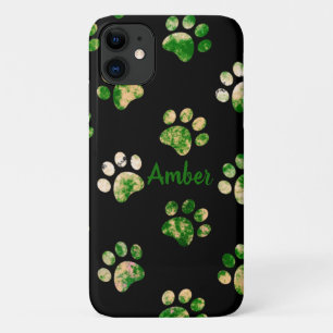 Black Green Texture Paw Print Pattern Personalised iPhone 11 Case