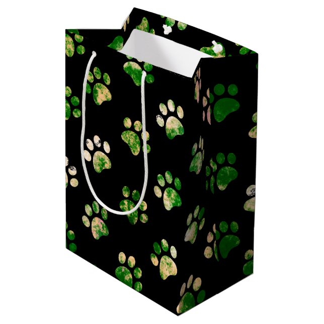 Black Green Textured Paw Print Pattern Medium Gift Bag (Back Angled)