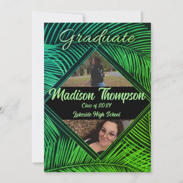 Black & Green Tropical Palm Graduation Invitation (Front)