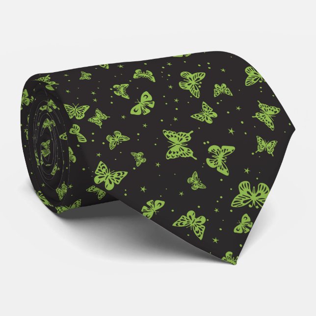 Black green vintage butterfly motif pattern tie (Rolled)