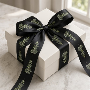 Black Green Watercolor Christmas Pine Trees Satin Ribbon
