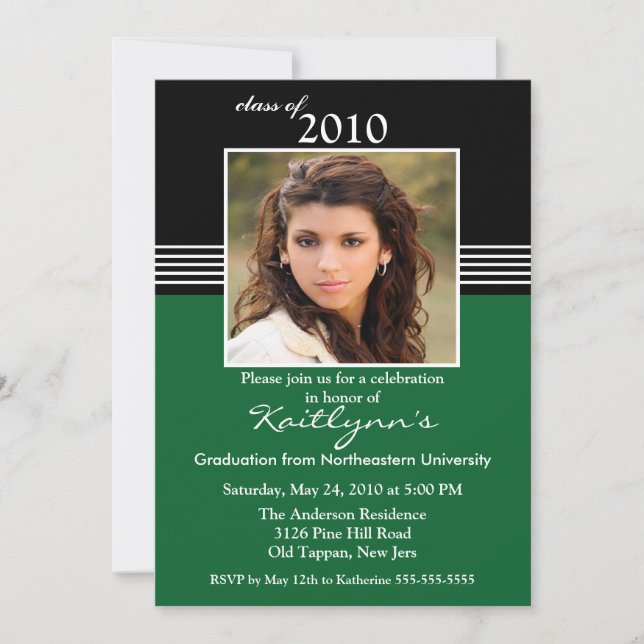 Black, Green & White Photo Graduation Invitation (Front)