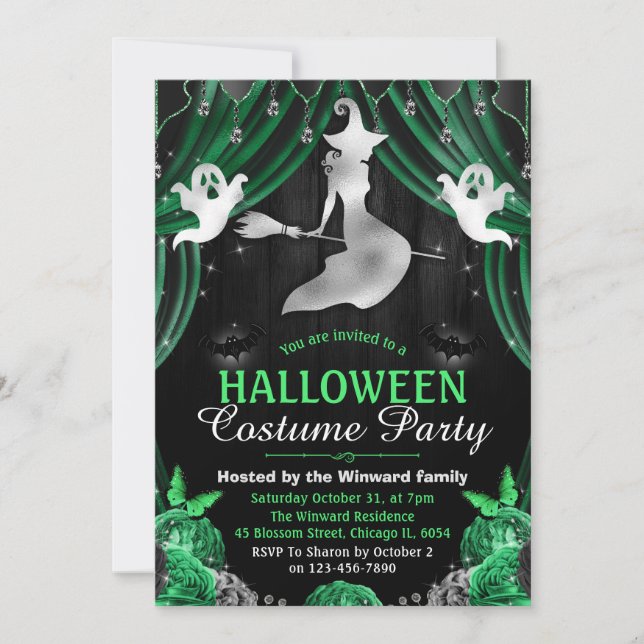 Black & Green Witch & Shimmer Curtains Halloween Invitation (Front)