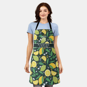 Black green yellow lemon pattern custom Monogram  Apron