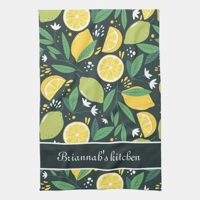 Black green yellow lemon pattern custom text tea towel (Vertical)