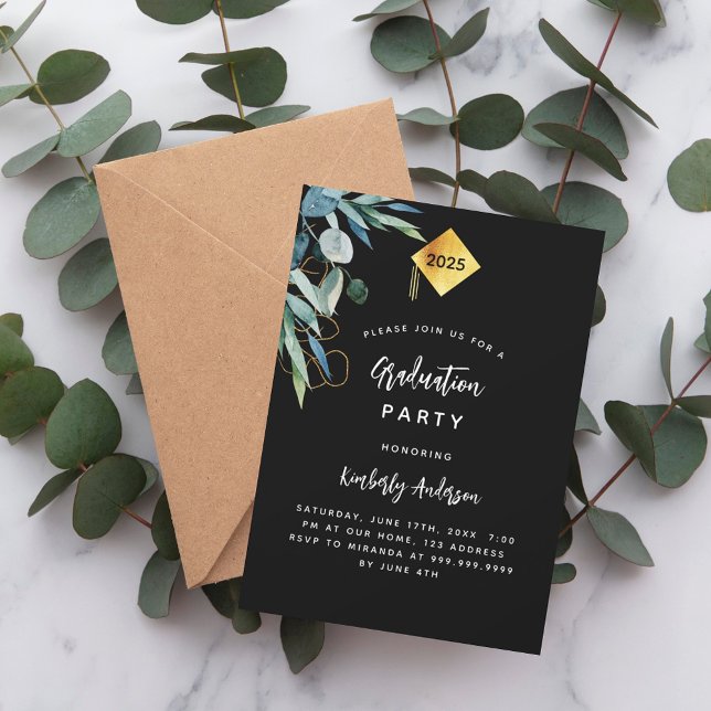 Black greenery gold cap 2025 graduation party invitation (Creator Uploaded)