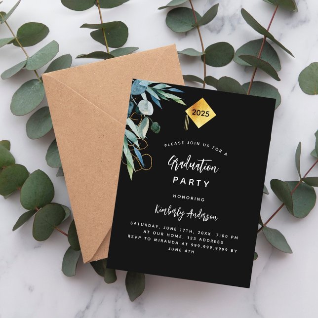 Black greenery gold cap 2025 graduation party invitation postcard (Creator Uploaded)