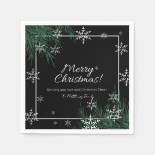 Black Greenery Snowflakes Merry Christmas  Napkin