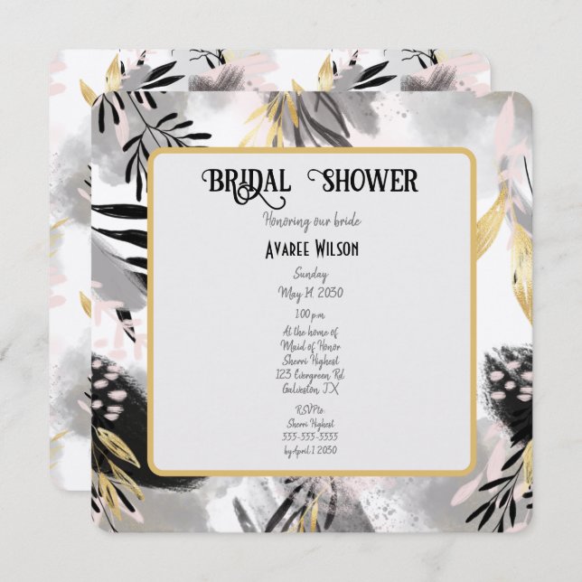 Black, Grey and Gold Leafy Shower Invitation (Front/Back)