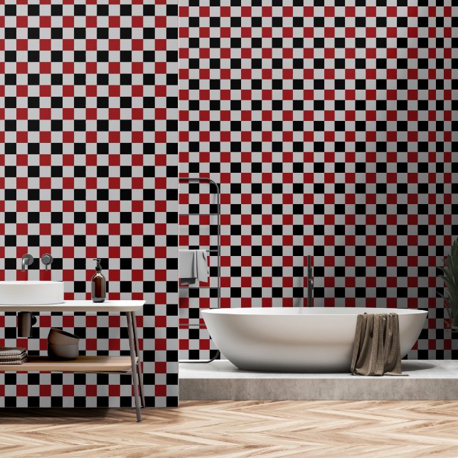 Black Grey and Red Check Wallpaper (Bathroom)