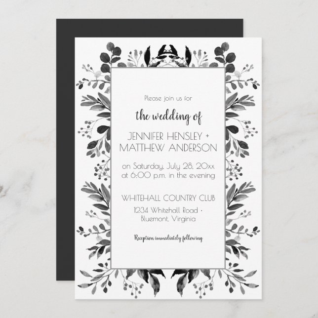 Black Grey and White Botanicals Vertical Frame | Invitation (Front/Back)