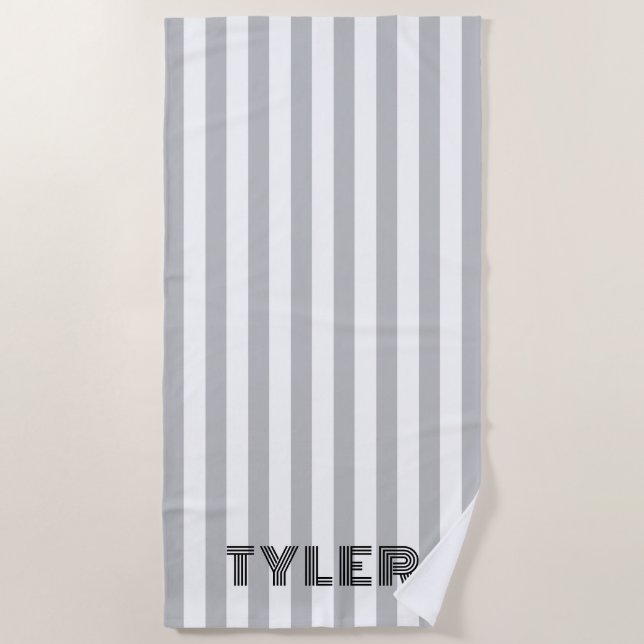 Black Grey and White Classic Cabana Stripe Beach Towel (Front)