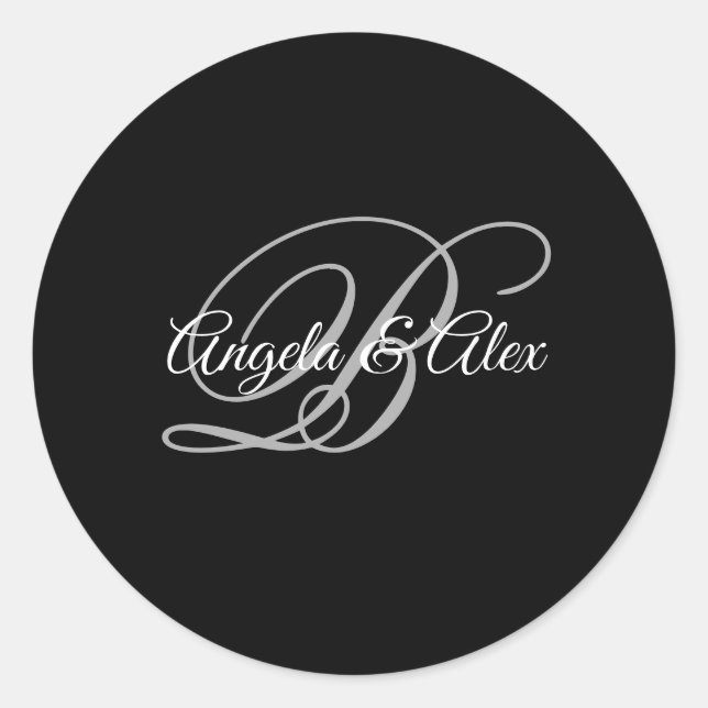 Black Grey and White Fancy Script Monogram Classic Round Sticker (Front)