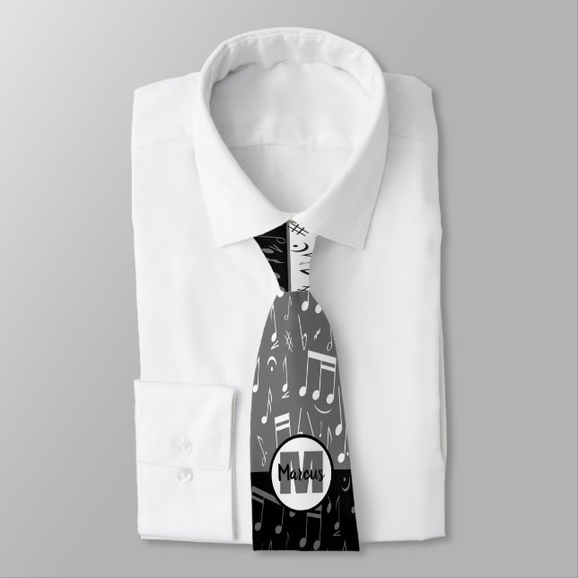 Black grey and white music notes neck tie (Tied)