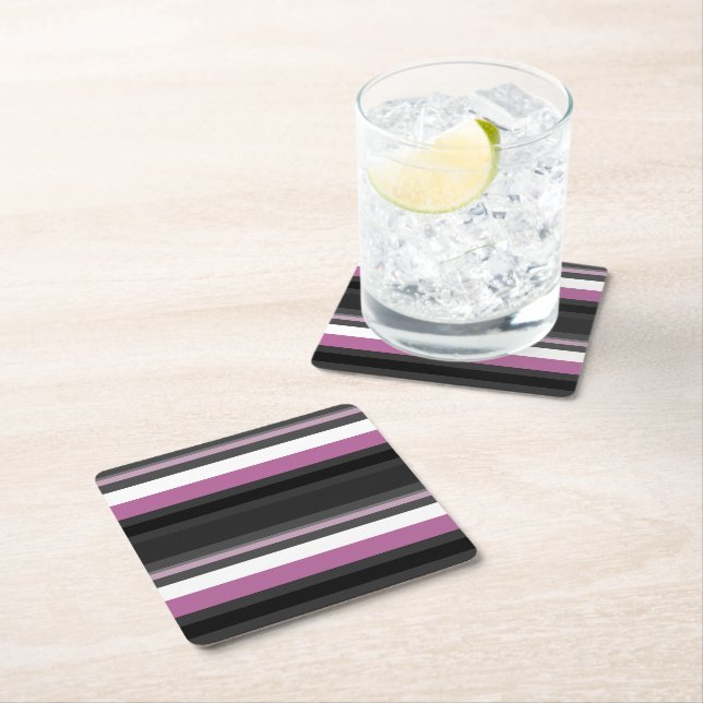 Black, Grey and White Stripes Square Paper Coaster (Insitu)