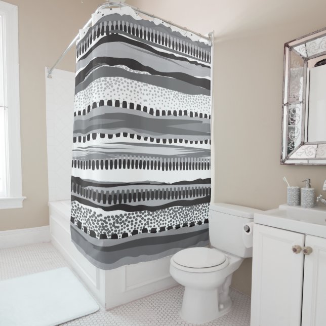 Black grey and white tribal pattern shower curtain (In Situ)