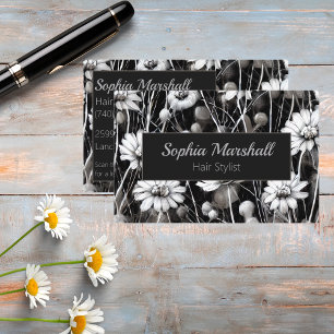 Black, Grey and White Wildflowers with QR Code Business Card