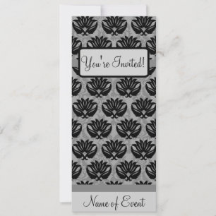 Black Grey Art Nouveau Damask Happy Birthday Party Invitation
