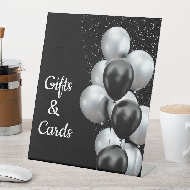Black Grey Balloon Chic Birthday Gifts Cards Pedestal Sign (In SItu)