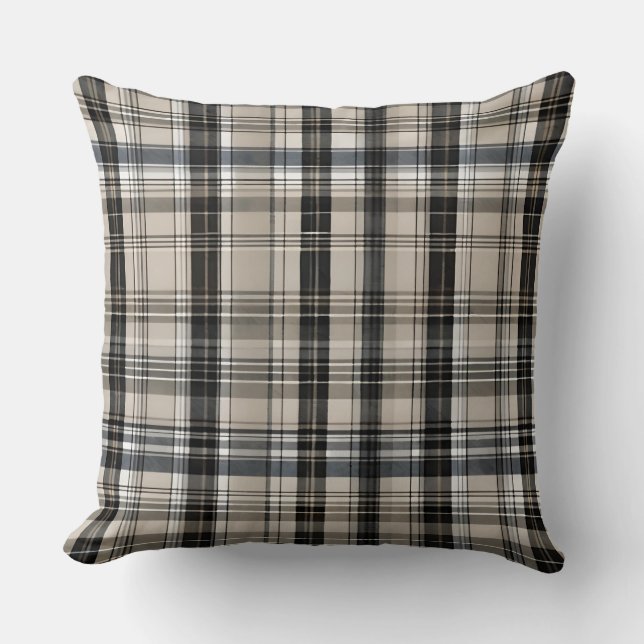 Black Grey Beige Chequered Plaid Cushion (Front)