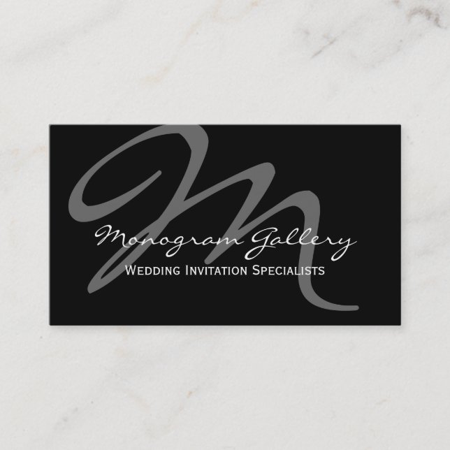 Black Grey Bold Script Monogram Wedding Business Card (Front)