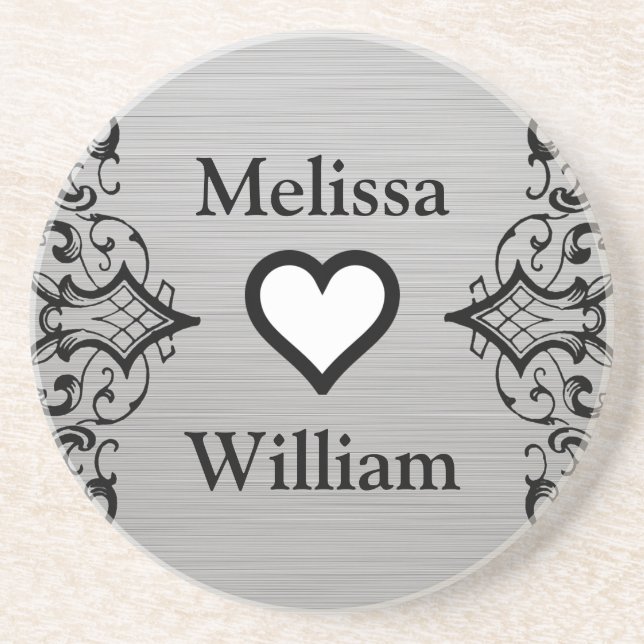 Black Grey Bride Groom Names Floral Wedding Coaster (Front)