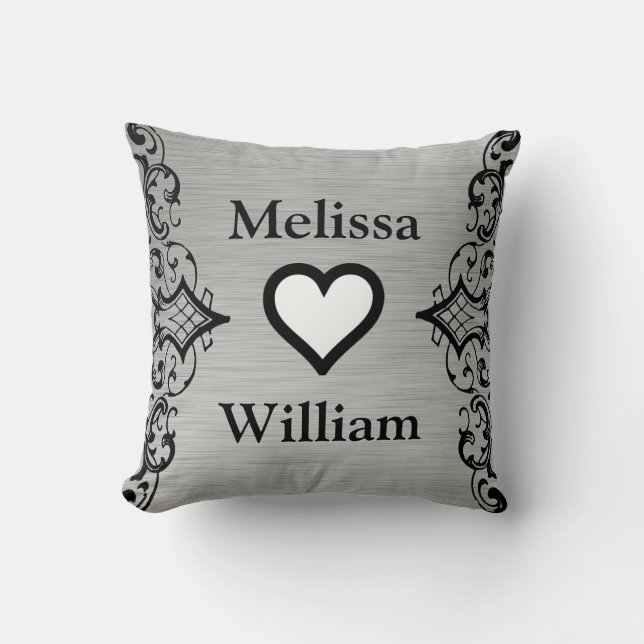Black Grey Bride Groom Names Floral Wedding Cushion (Front)