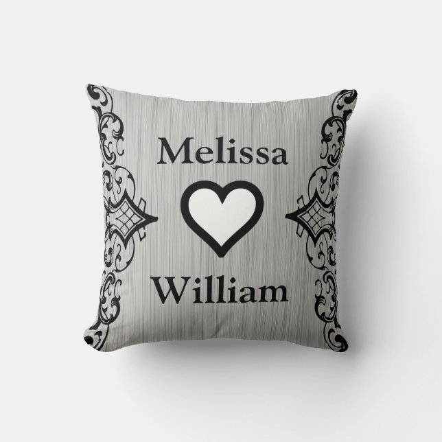 Black Grey Bride Groom Names Floral Wedding Cushion (Front)
