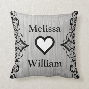Black Grey Bride Groom Names Floral Wedding Cushion
