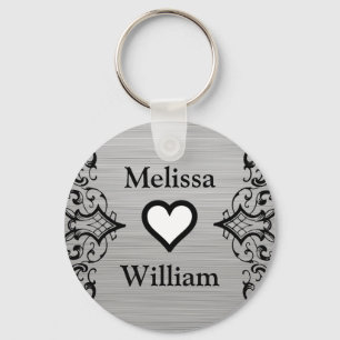 Black Grey Bride Groom Names Floral Wedding Key Ring