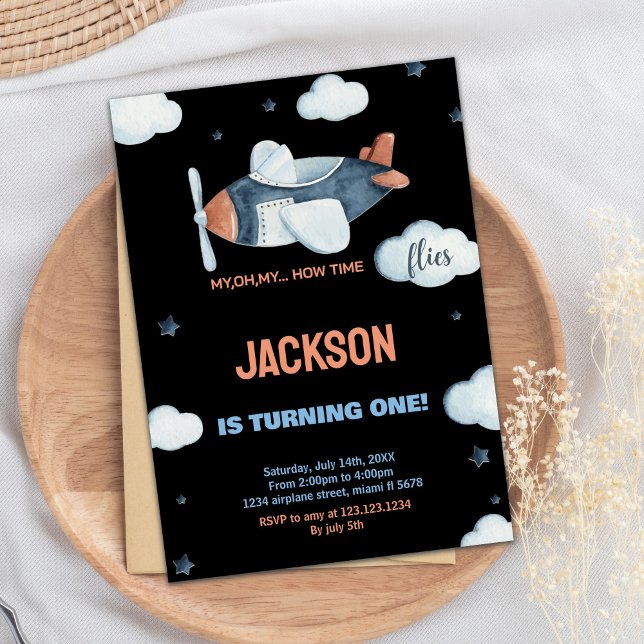 Black Grey Brown Aeroplane Birthday Invitations (Black Gray Brown Airplane Birthday Invitations)