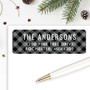 Black Grey Buffalo Plaid Christmas Family Address Return Address Label