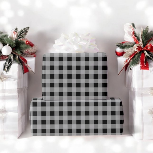 Black Grey Buffalo Plaid Holiday Christmas  Wrapping Paper (Creator Uploaded)