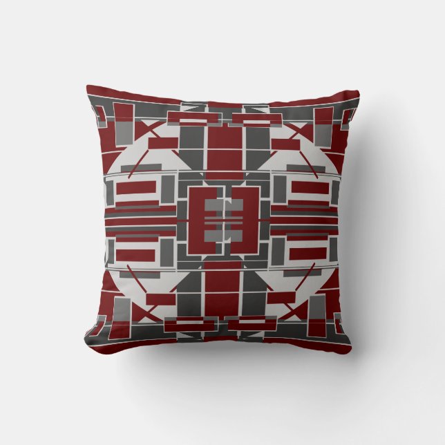 Black Grey Burgundy Mosaic Abstract Labyrinth Cushion (Front)