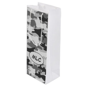 Black Grey Camouflage Monogram Personalised Wine Gift Bag