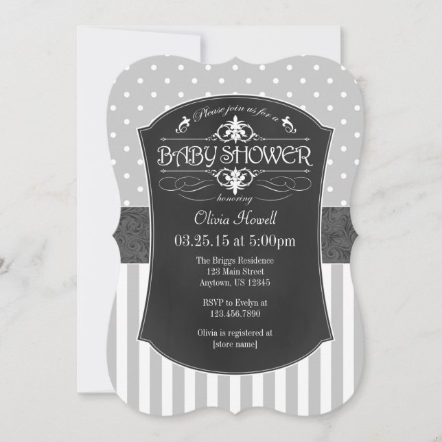 Black Grey Chalkboard Stripes Baby Shower Invite (Front)