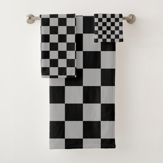 Black + Grey Check Chequered Chequerboard Pattern Bath Towel Set (Insitu)