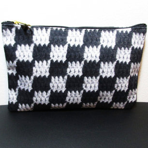 Black Grey Chequered Pattern Artisan Crochet Print Accessory Pouch
