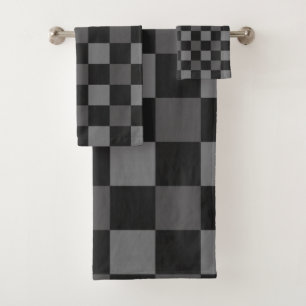 Black & Grey Chequered Squares Plaid Bath Towel Set
