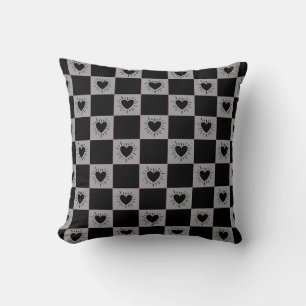Black&Grey Chequered Tile With Hearts Pattern Cushion