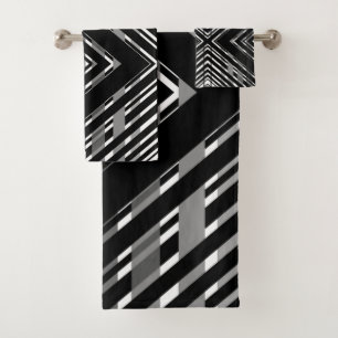 Black Grey Chevron Barcode Striped Bath Towel Set