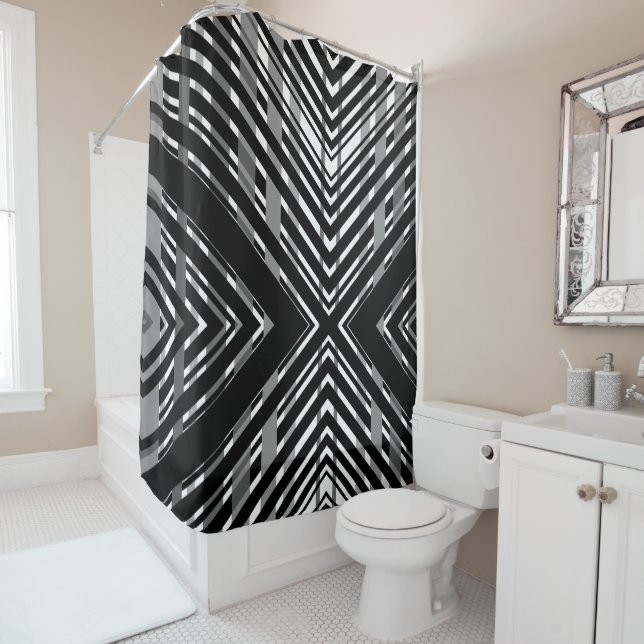 Black Grey Chevron Barcode Striped Shower Curtain (In Situ)