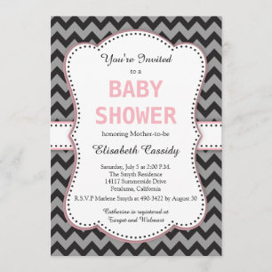 Black & Grey Chevron, Pink Baby Shower Invitation