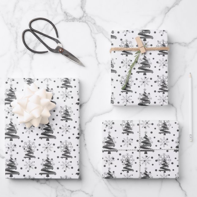 Black & Grey Christmas Trees & Snowflakes Wrapping Paper Sheet (Front)