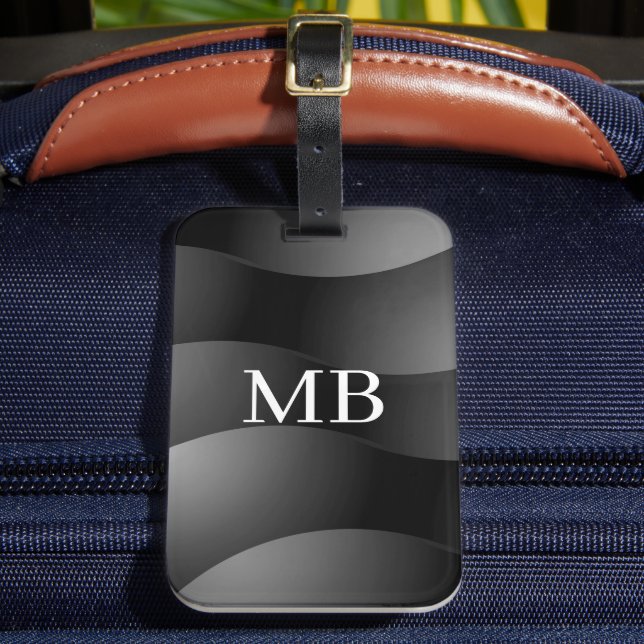 Black & Grey Curved Shapes, White Monogram Luggage Tag (Front Insitu 2)