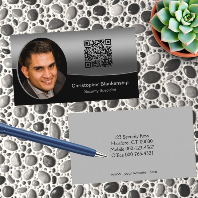Black & Grey Custom Photo QR Code Professional Business Card (Custom photo business card template front and back)