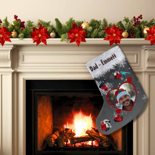 Black Grey Dad Loves Power Tools with Dad's Photos Small Christmas Stocking
