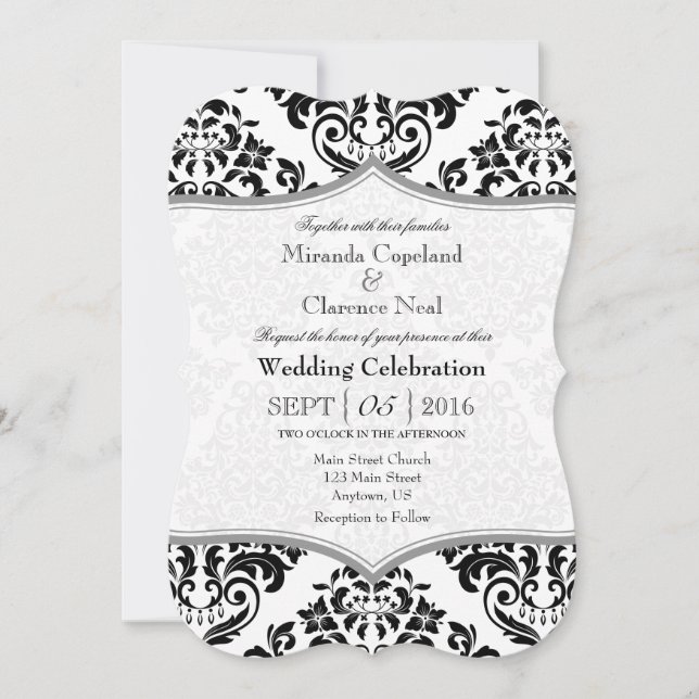 Black Grey Damask Bracket Wedding Invite (Front)